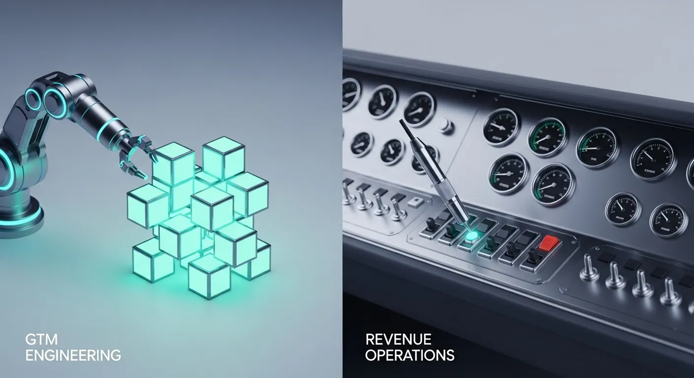 Abstract 3D illustration showing GTM Engineering as clean, scalable building blocks and RevOps as a complex dashboard of dials.