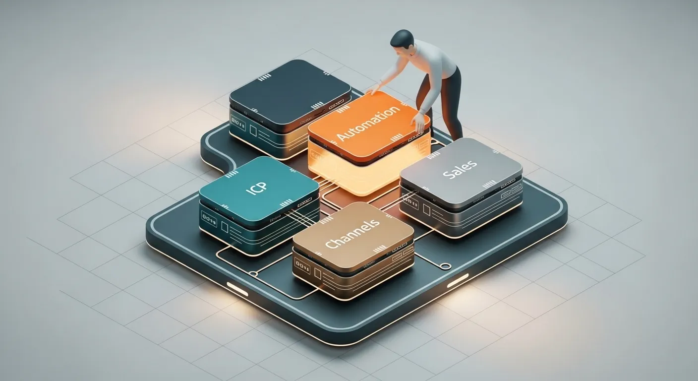 3D isometric illustration of GTM strategy components including ICP, Sales, Marketing modules with a person optimizing the system